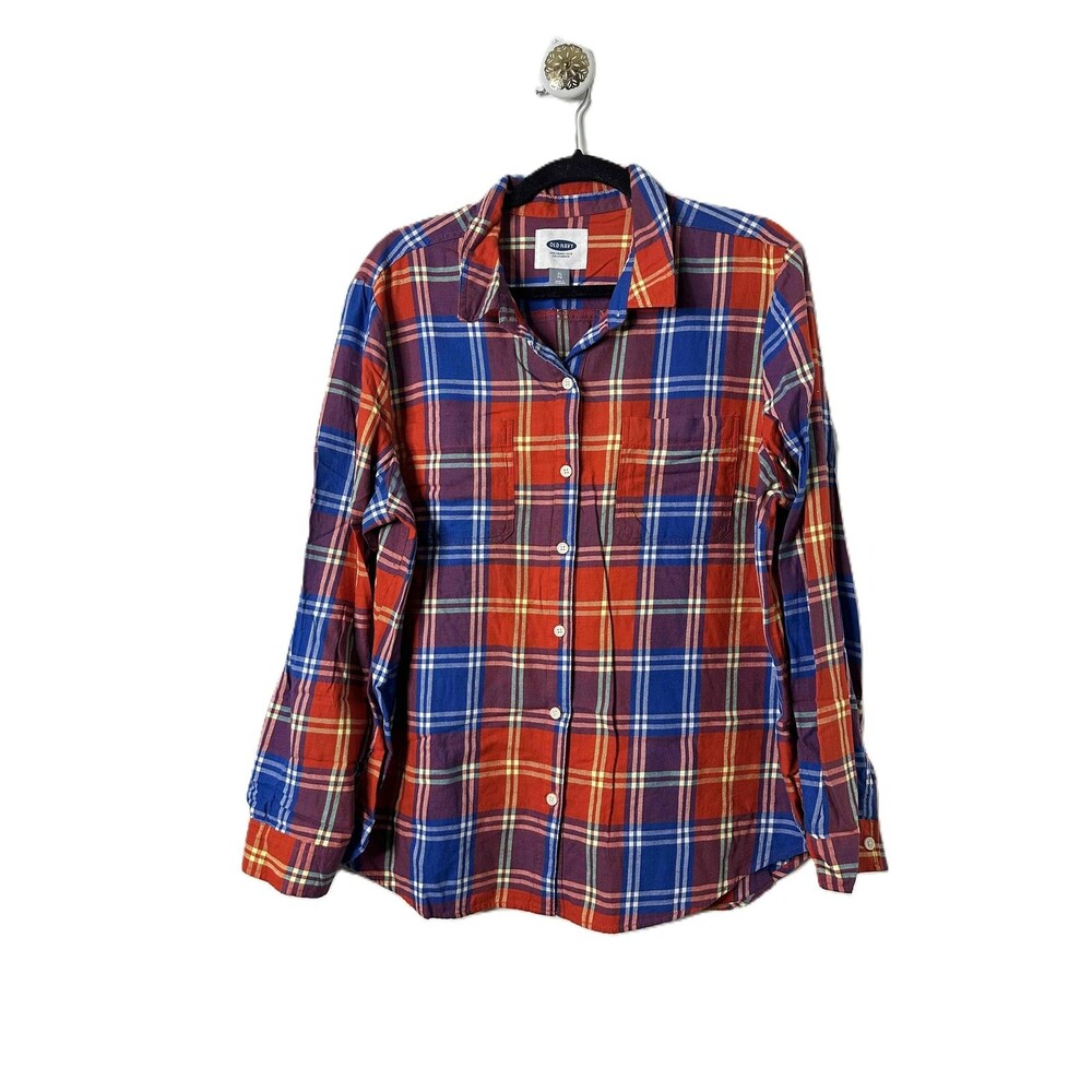 Old Navy Shirt Flannel Size XL Red Yellow Plaid Button Up Long Madras Collared